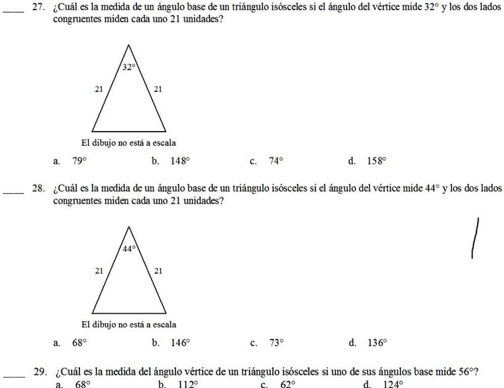 27 ÂCuÃl es la medida de un Ãngulo base de un triÃngulo isÃ³sceles