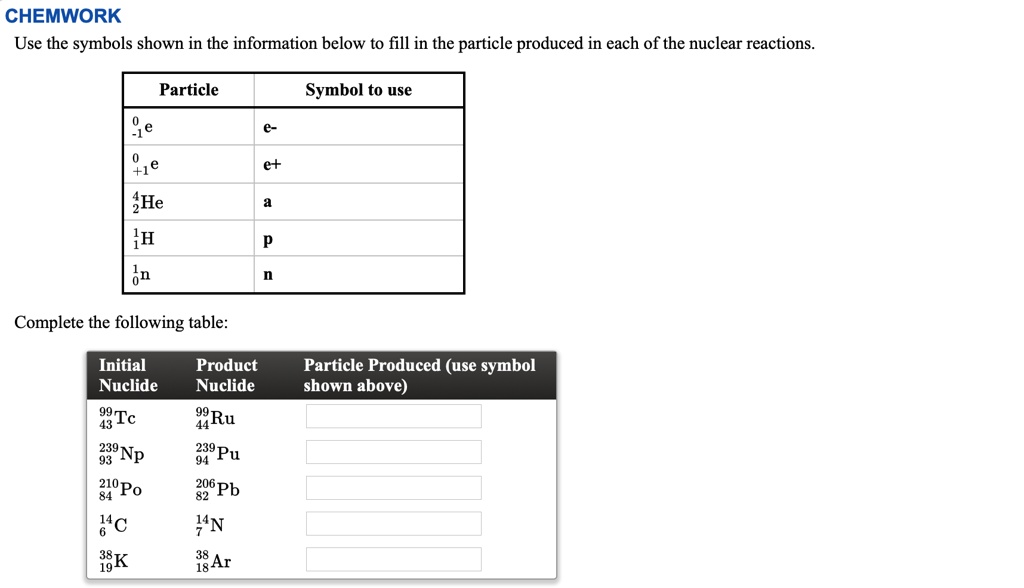 SOLVED CHEMWORK Use The Symbols Shown In The Information Below To Fill