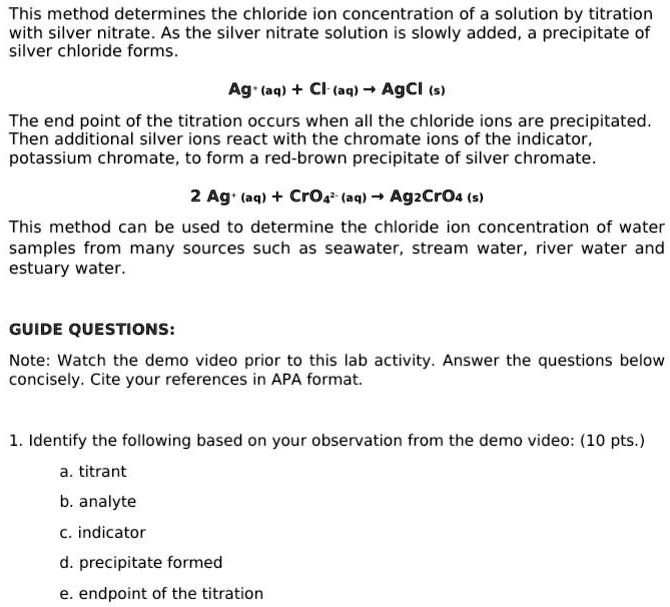 SOLVED This Method Determines The Chloride Ion Concentration Of A