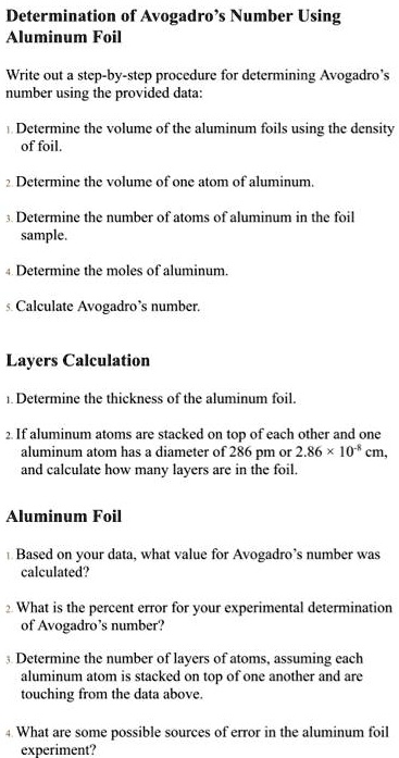 Solved Determination Of Avogadro Number Using Aluminum Foil Write Out