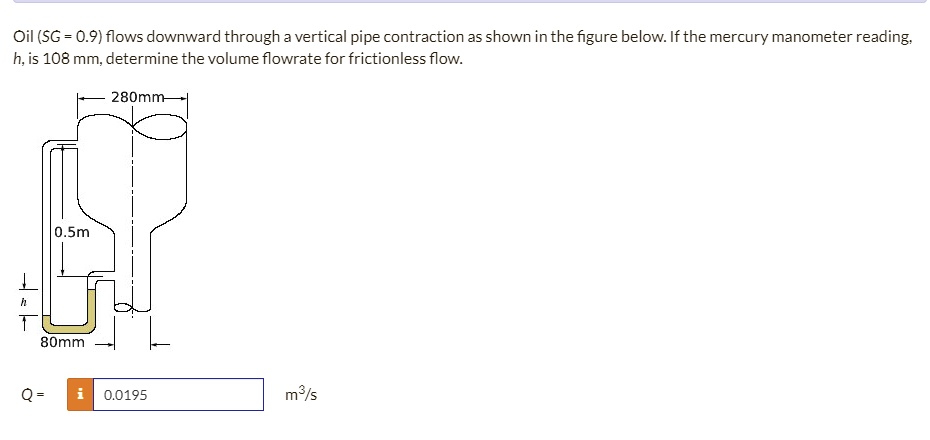 SOLVED Oil SG 0 9 Flows Downward Through A Vertical Pipe Contraction