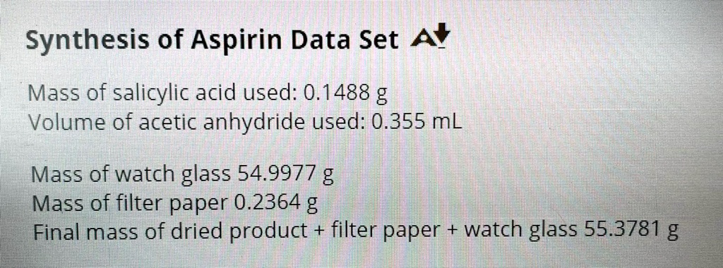 SOLVED Synthesis Of Aspirin Data Set Ay Mass Of Salicylic Acid Used 0