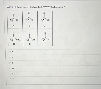 Solved Which Of These Molecules Has The Lowest Boiling Point A B C D E F