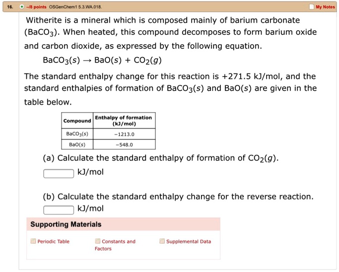 SOLVED H8 Points OSGenChem 5 3 WA018 My Notes Witherite Is A Mineral