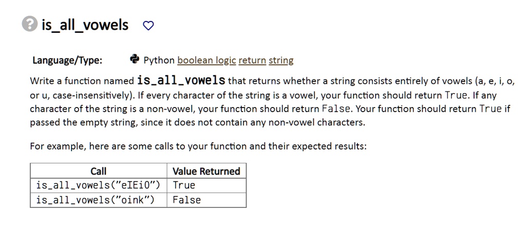 Isallvowels Language Type Python Boolean Logic Return String Write A