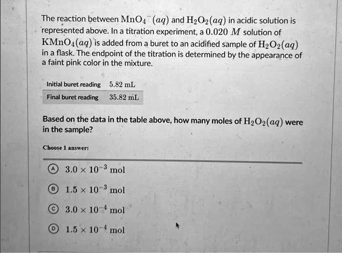 Solved The Reaction Between Mno Aq And H O Aq In Acidic Solution