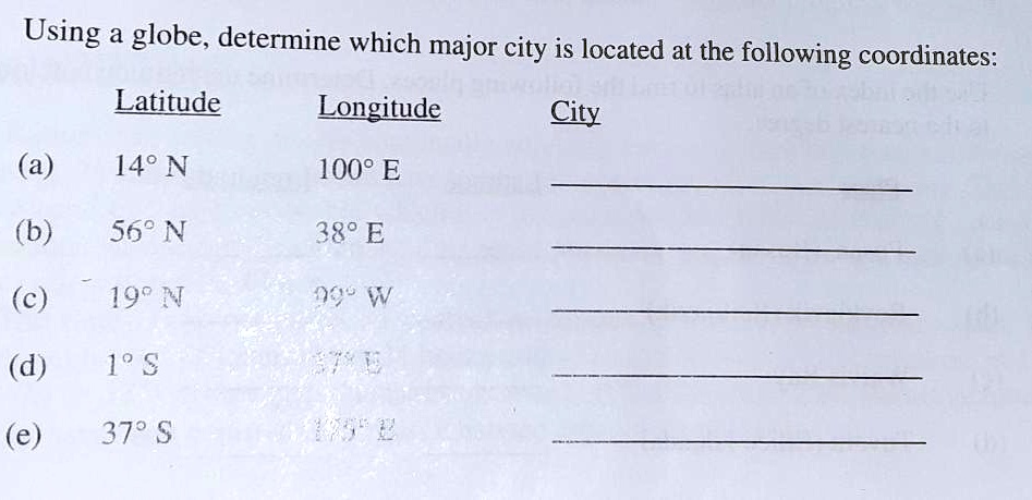 Using Globe Determine Which Major City Is Located At The Following