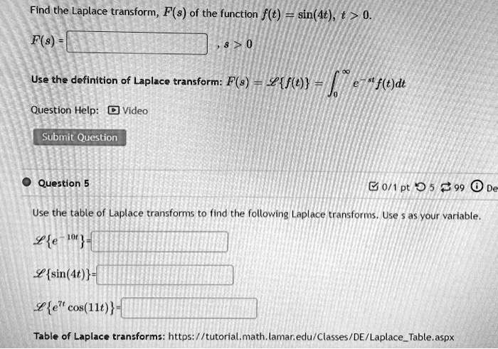 SOLVED Find The Laplace Transform F 8 Of The Function F T Sin At