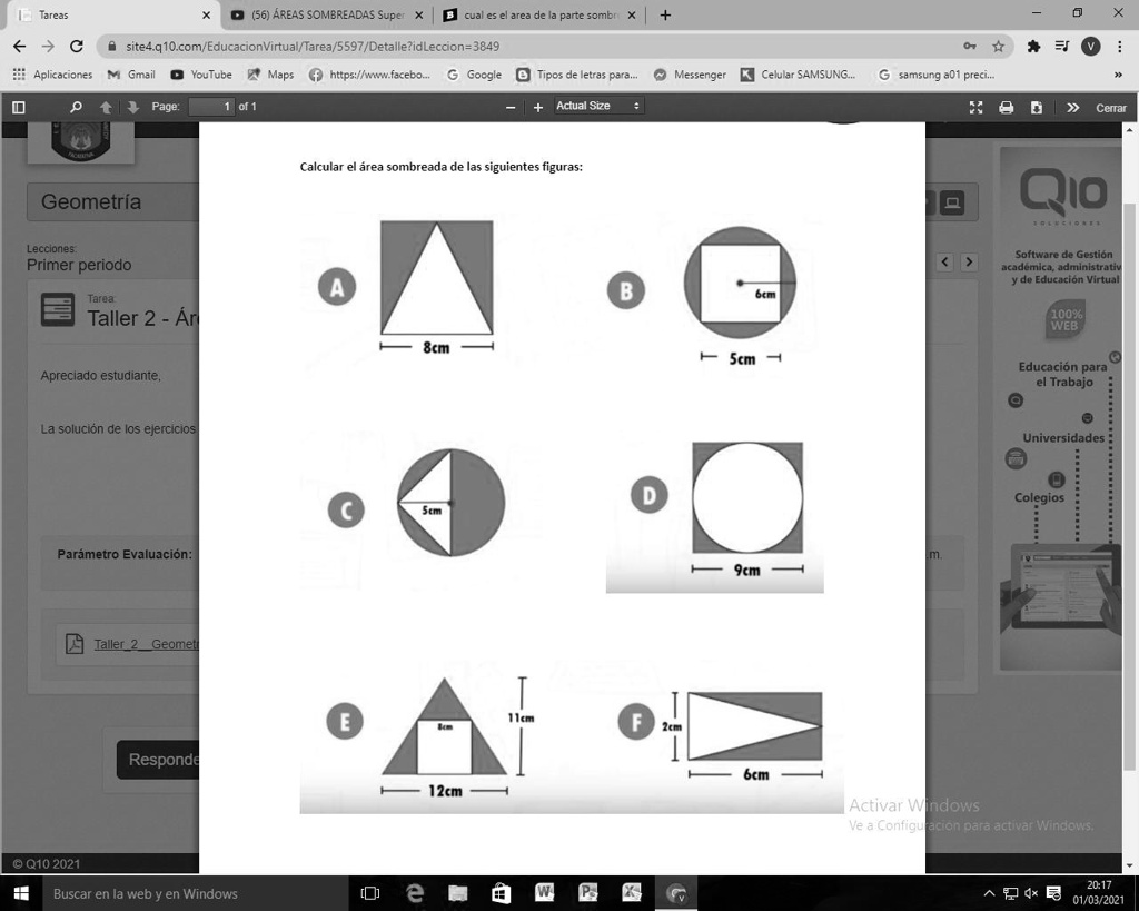 Solved Calcula El Area Sombreada De Las Siguientes Figuras Tareas