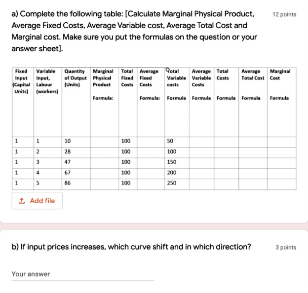 Solved A Complete The Following Table Calculate Marginal Physical