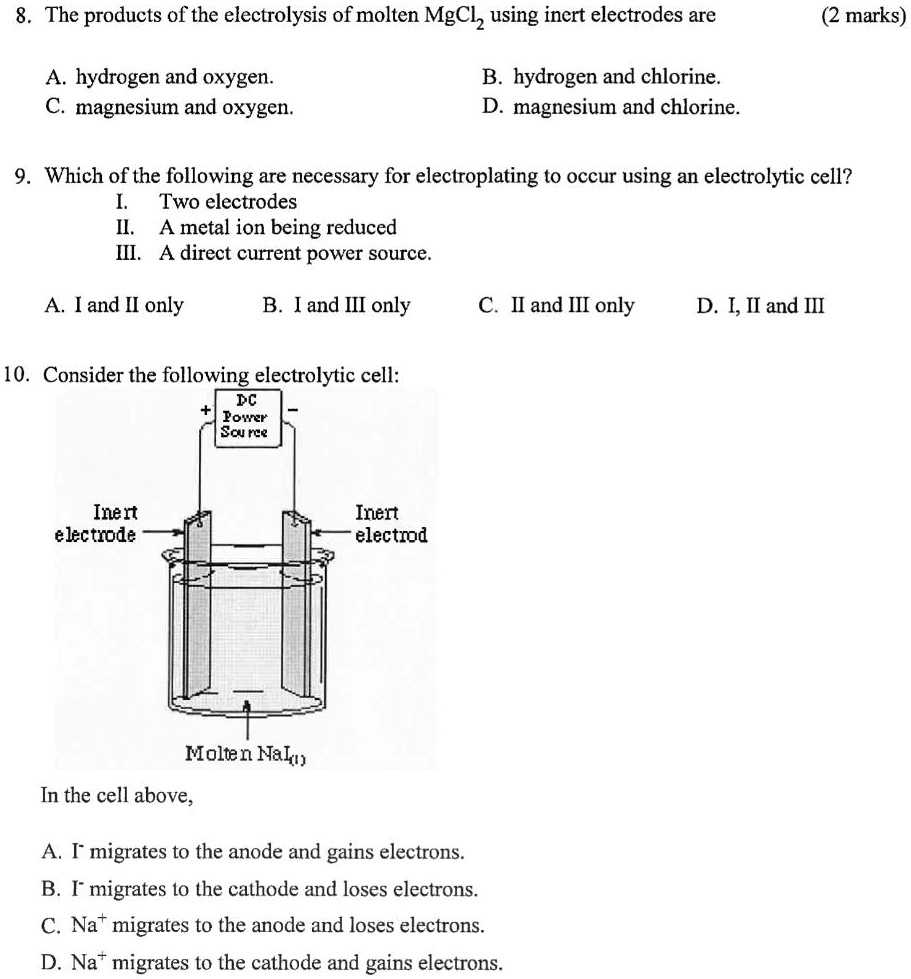 SOLVED The Products Of The Electrolysis Of Molten MgClz Using Incrt