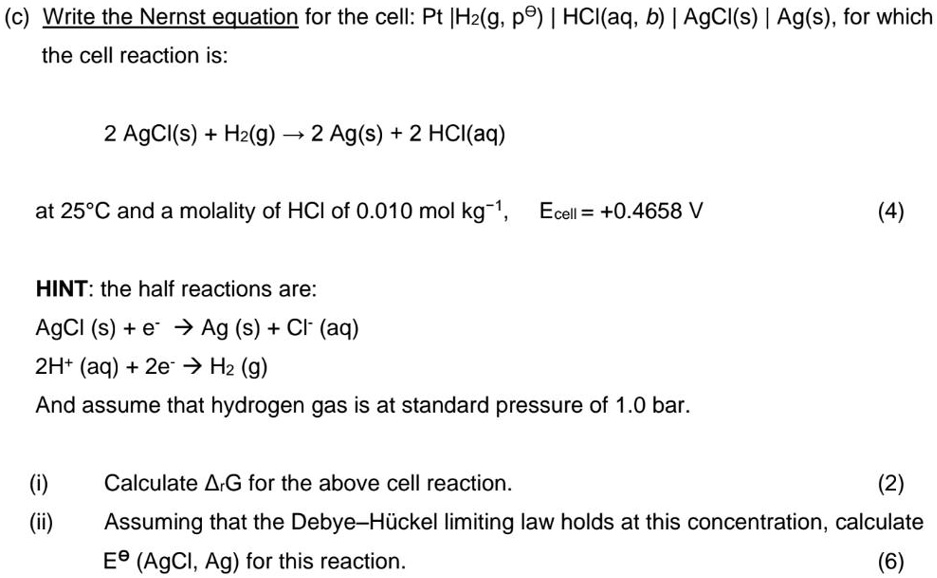 c Write the Nernst equation for the cell Pt H2 g pº HCl aq b