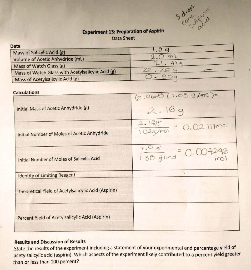 SOLVED Dvop 0 Conc 3 Experiment 13 Preparation Of Aspirin Data