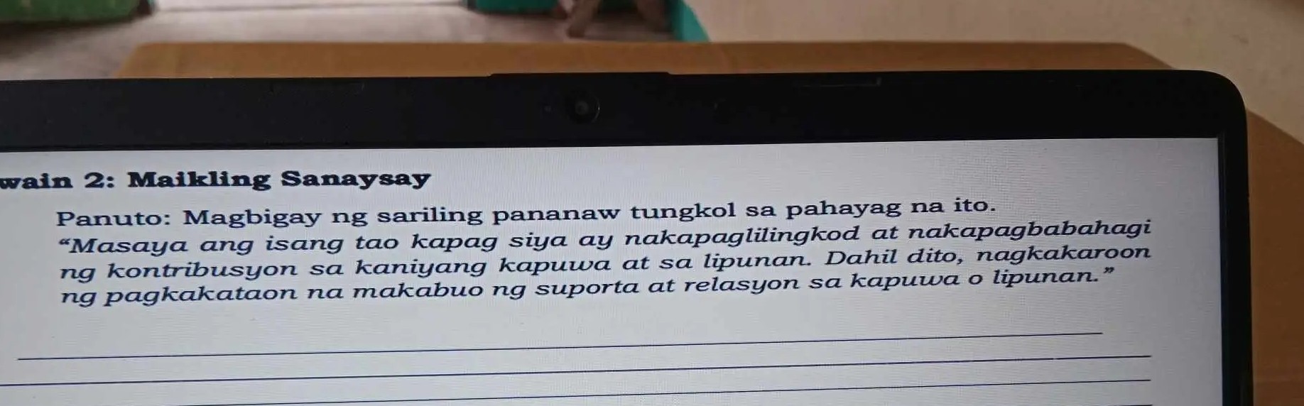 SOLVED 2 Maikling Sanaysay Panuto Magbigay Ng Sariling Pananaw