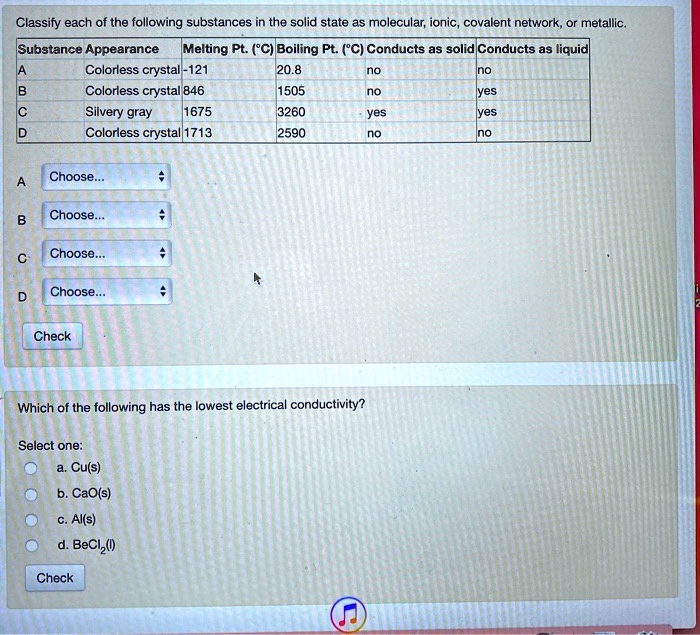 Solved Classify Each Of The Following Substances In The Solid State As