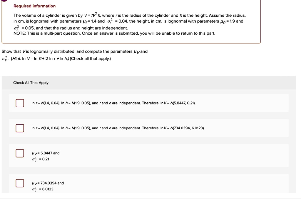 SOLVED Required Information The Volume Of A Cylinder Is Given By V