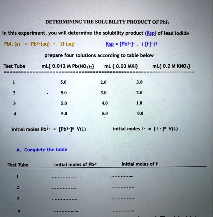 SOLVED DETERMINING THE SOLUBILITY PRODUCT OF Pblz In This Experiment