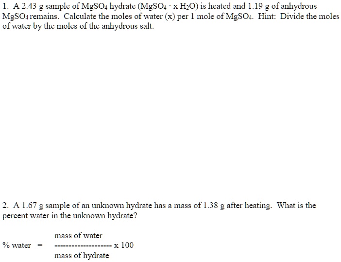 SOLVED A 2 43 g sample of MgSO4 hydrate MgSO4ÂxH2O is heated and 1