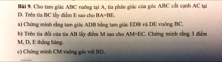 SOLVED BÃ i Cho tam giÃc ABC vuÃng táºi A tia phÃn giÃc cáa gÃ³c ABC cáºt cáºnh AC