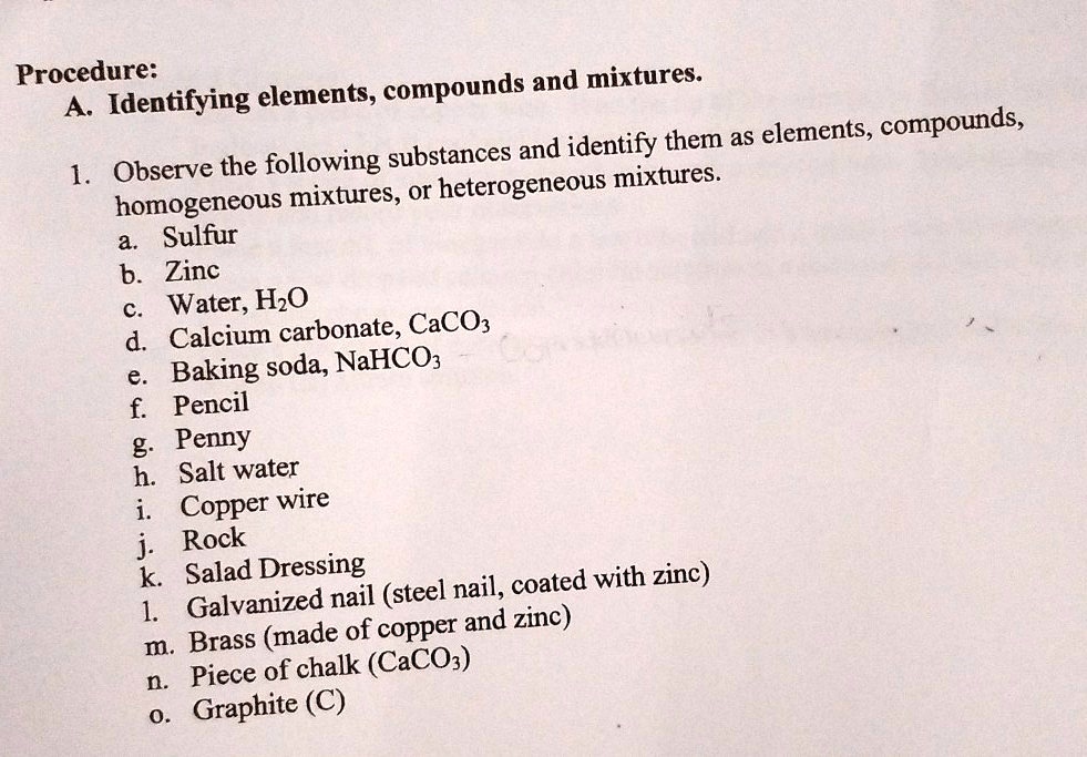 SOLVED Procedure Elements Compounds And Mixtures A Identifying