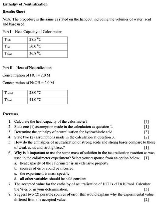 Solved Enthalpy Of Neutralization Results Sheet Note The Procedure Is