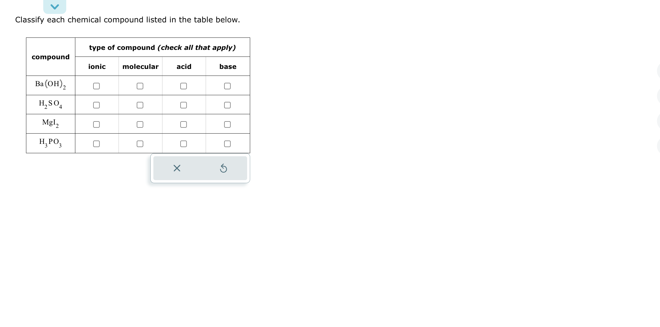 Solved Classify Each Chemical Compound Listed In The Table Below