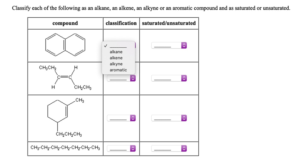 Classify Each Of The Following As An Alkane An Alkene An Alkyne Or