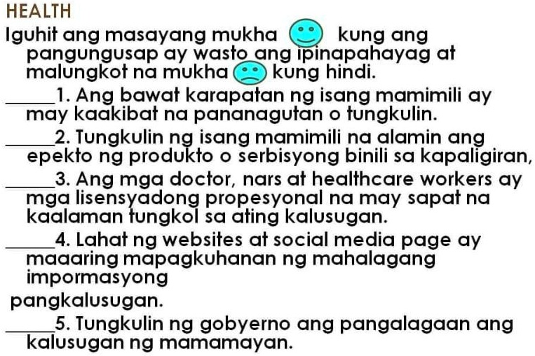 Solved Pls Answer This Pls Health Iguhit Ang Masayang Mukha Kung