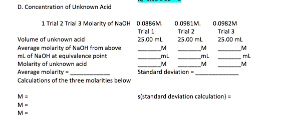 Solved Concentration Of Unknown Acid Trial Trial Molarity Of Naoh