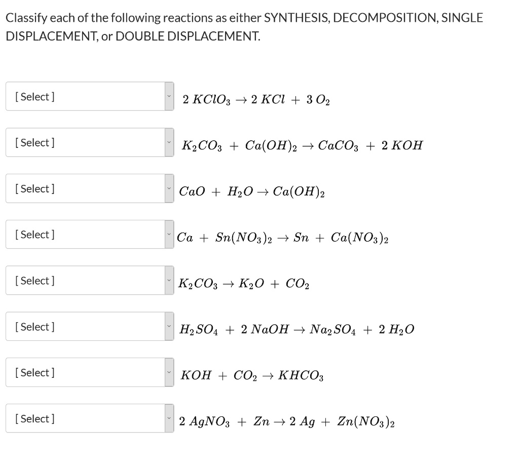 Solved Classify Each Of The Following Reactions As Either Synthesis