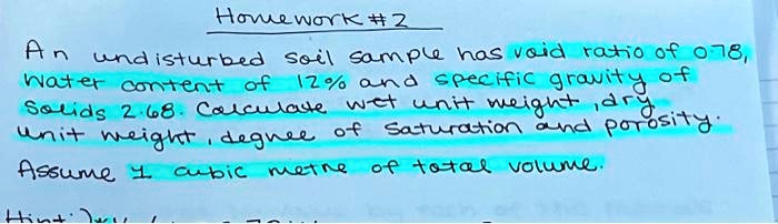 SOLVED Homework 2 An Undisturbed Soil Sample Has A Void Ratio Of 0 78