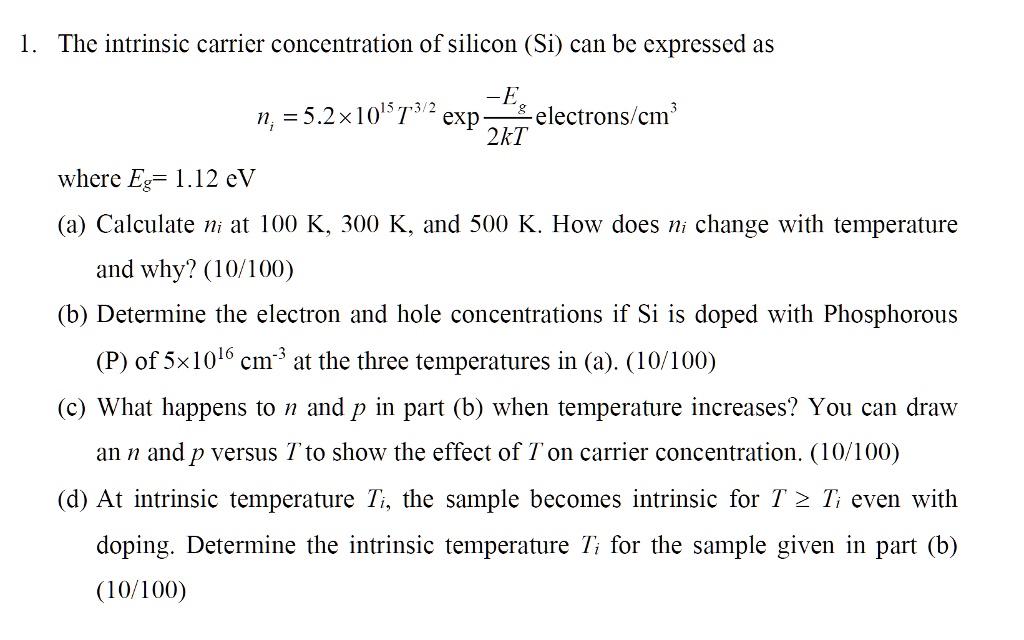 SOLVED The Intrinsic Carrier Concentration Of Silicon Si Can Be