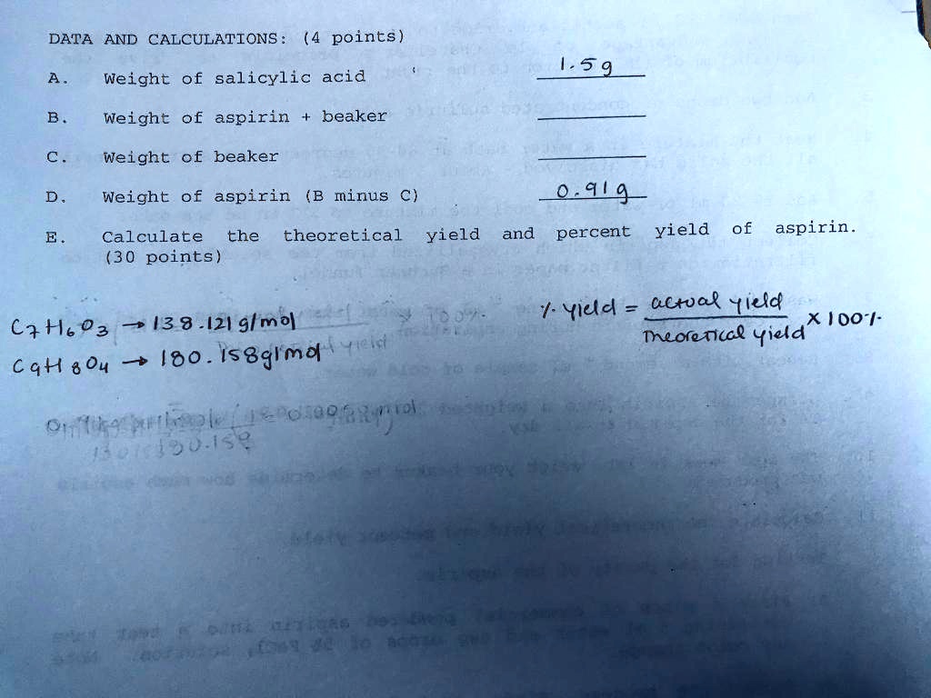 SOLVED DATA AND CALCULATIONS 4 Points Weight Of Salicylic Acid 5 9