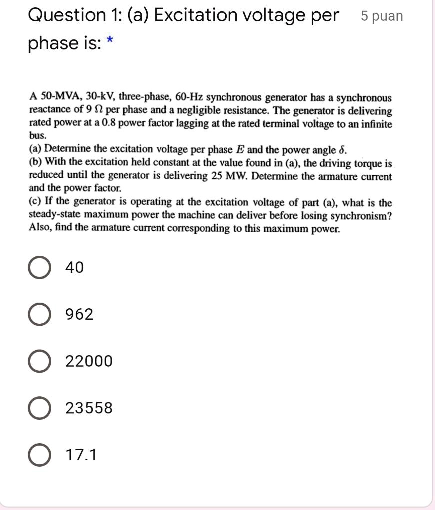 SOLVED Question 1 A Excitation Voltage Per Phase Is A 50 MVA 30