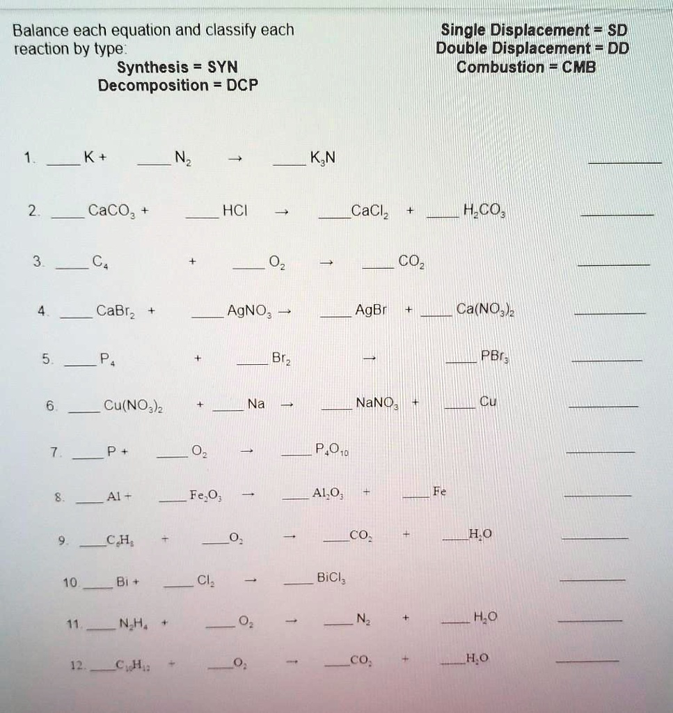 Solved Balance Each Equation And Classify Each Reaction By Type