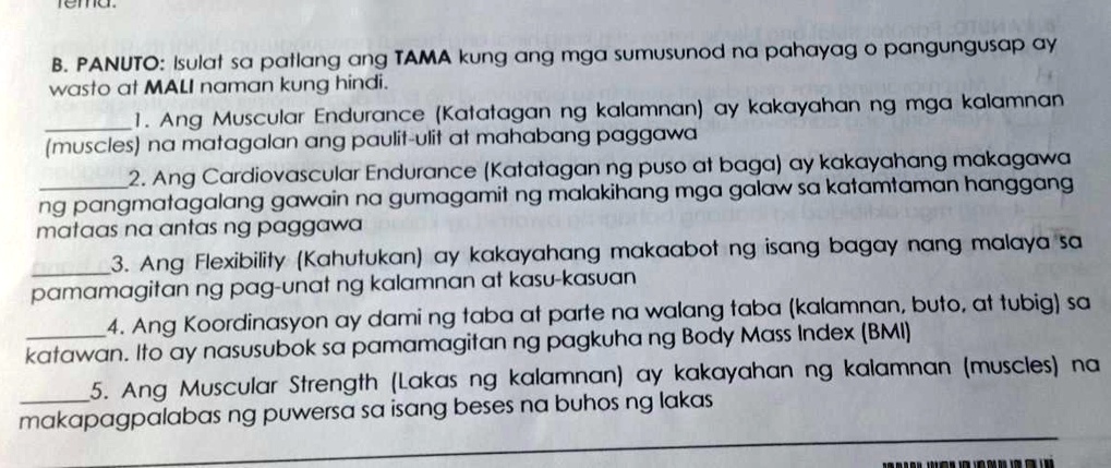 SOLVED Tema B PANUTO Isulat Sa Patlang Ang TAMA Kung Ang Mga