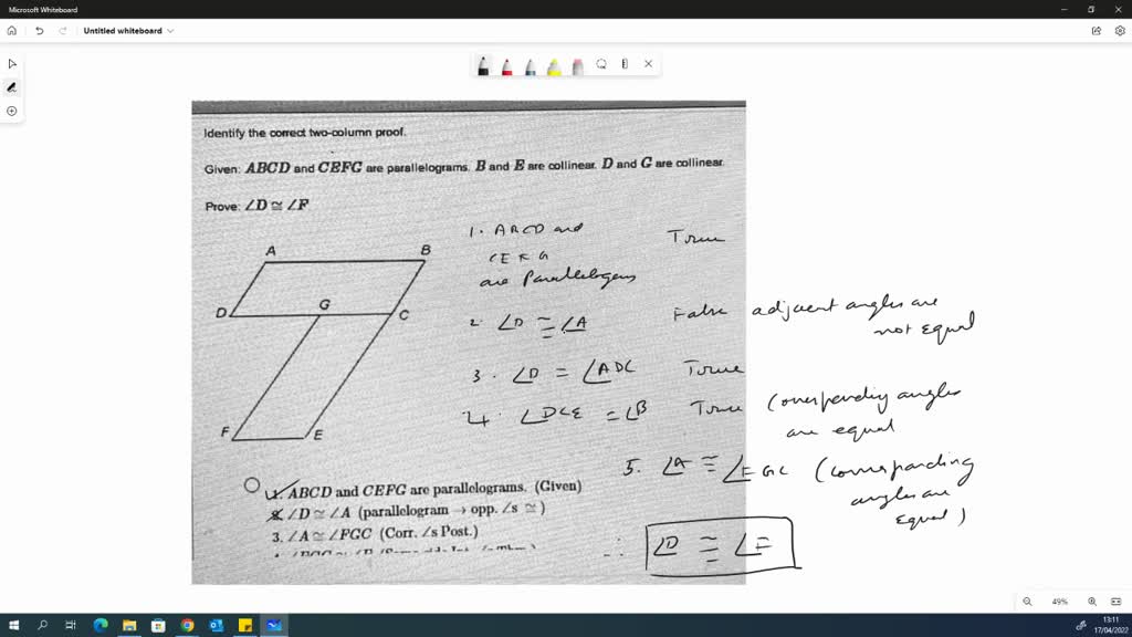 Solved Identify The Conect Two Column Proof Given Abcd Ad Cbfg Are