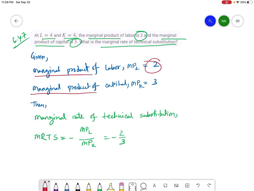 Solved At L And K The Marginal Product Of Labor Is And The