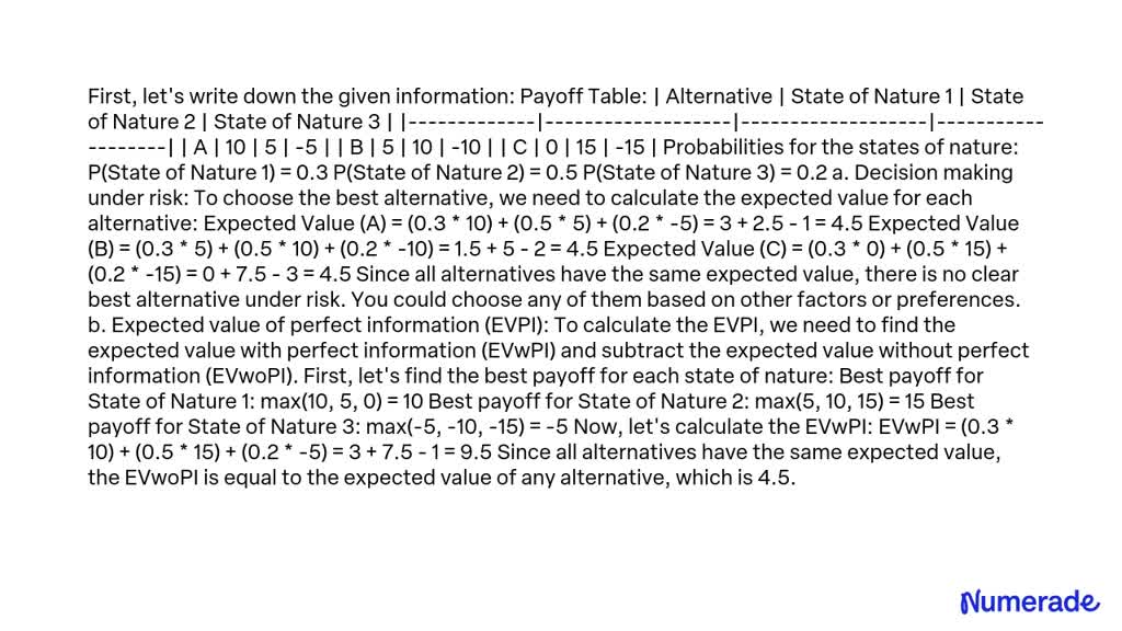 Solved Consider The Following Payoff Table And Probabilities For The