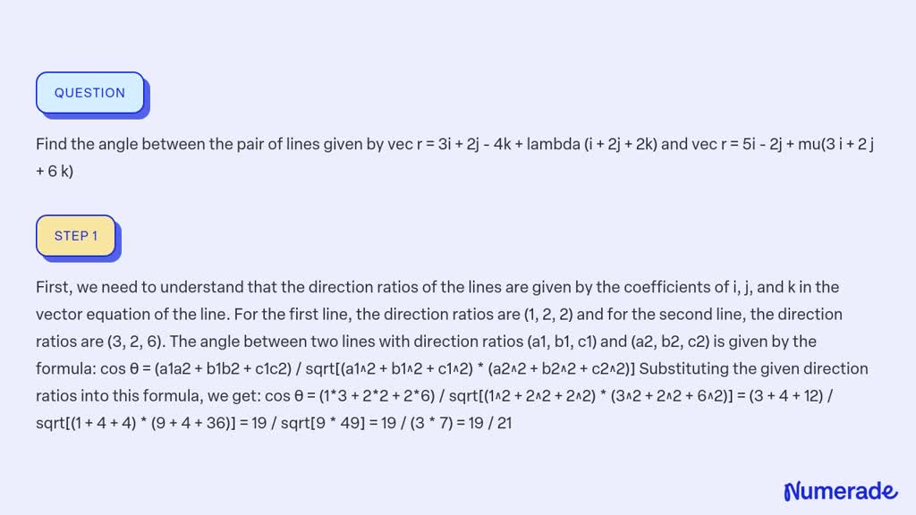 Solved Find The Angle Between The Pair Of Lines Given By Vec R I