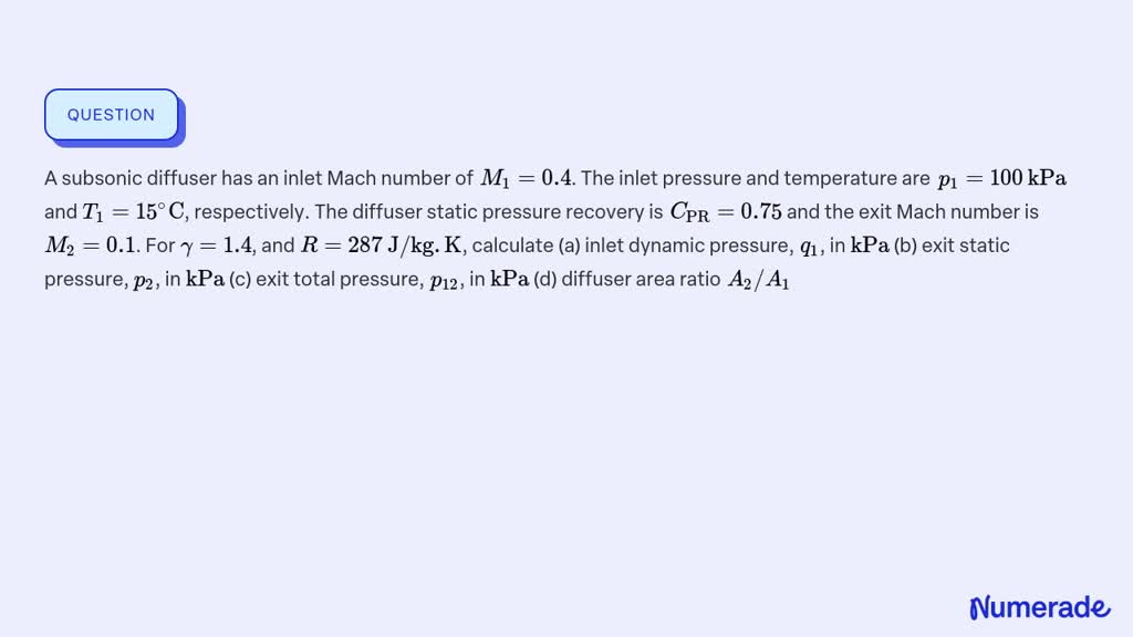 SOLVED A Subsonic Diffuser Has An Inlet Mach Number Of M1 0 4 The