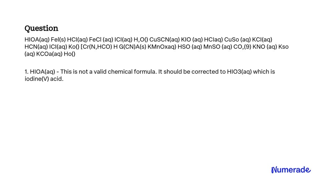SOLVED HIO3 Aq FeCl2 S HCl Aq FeCl3 Aq ICl Aq H2O L CuSCN Aq