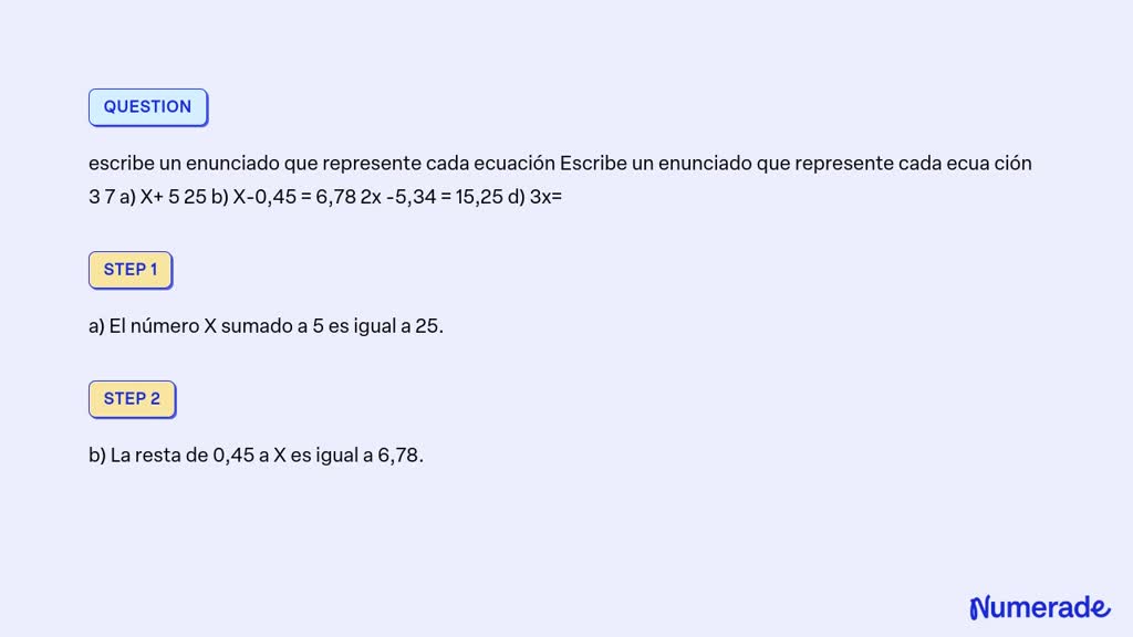 Solved Escribe Un Enunciado Que Represente Cada Ecuaci N Escribe Un