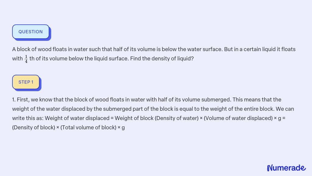 SOLVED A Block Of Wood Floats In Water Such That Half Of Its Volume