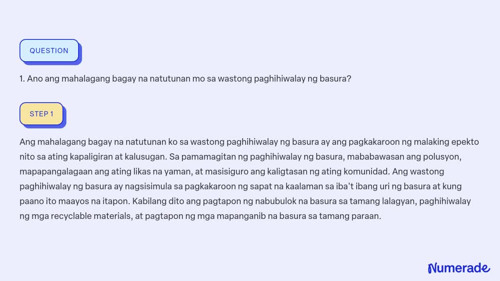 SOLVED 1 Ano Ang Mahalagang Bagay Na Natutunan Mo Sa Wastong