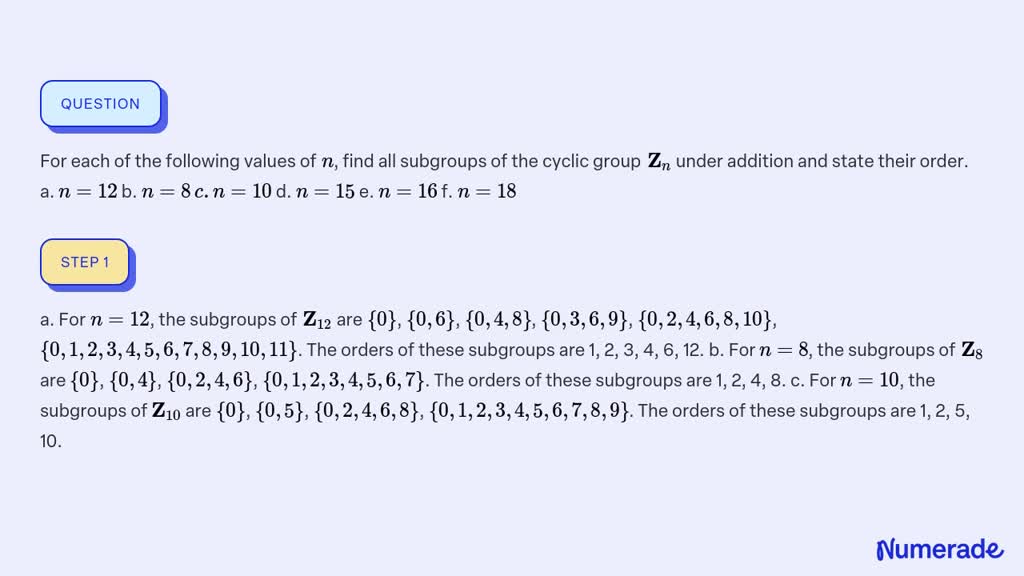 SOLVED For Each Of The Following Values Of N Find All Subgroups Of The