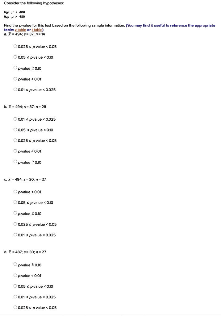 Consider the following hypotheses:
H0: ? ? 480
HA: ? > 480
Find the p-value for this test based on the following sample information. (You may find it useful to reference the appropriate table: z table or t table)
a. x? = 494; s = 37; n = 14
? 0.025 ? p-value < 0.05
? 0.05 ? p-value < 0.10
? p-value ? 0.10
? p-value < 0.01
? 0.01 ? p-value < 0.025
b. x? = 494; s = 37; n = 28
? 0.01 ? p-value < 0.025
? 0.05 ? p-value < 0.10
? 0.025 ? p-value < 0.05
? p-value < 0.01
? p-value ? 0.10
c. x? = 494; s = 30; n = 27
? p-value < 0.01
? 0.05 ? p-value < 0.10
? p-value ? 0.10
? 0.025 ? p-value < 0.05
? 0.01 ? p-value < 0.025
d. x? = 487; s = 30; n = 27
? p-value ? 0.10
? p-value < 0.01
? 0.05 ? p-value < 0.10
? 0.01 ? p-value < 0.025
? 0.025 ? p-value < 0.05