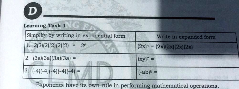 Solved D Learning Task 1 Jg L Simplify By Writing In Exponential Form 2 21 21 21 21 2 26 2 3a 3a 3a 3a Write In Expanded Form 2x 4 2x Ex 2x 2x Xy 7 3 41 4 4 4 4 Ab S Exponents Have Its