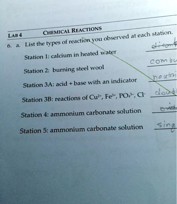 SOLVED CHEMICAL REACTIONS LAB 4 reactions observed at each station