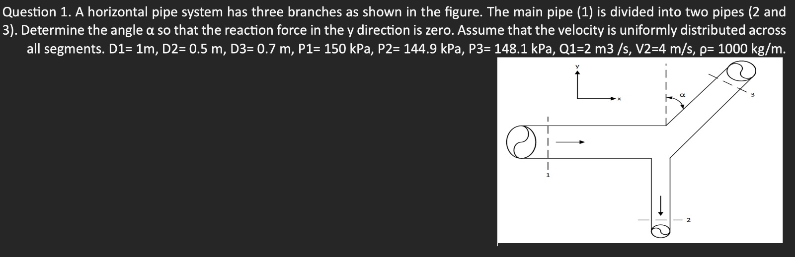 Question 1. A horizontal pipe system has three branches as shown in the figure. The main pipe (1) is divided into two pipes (2 and 3). Determine the angle ? so that the reaction force in the y direction is zero. Assume that the velocity is uniformly distributed across all segments. D1= 1m, D2= 0.5 m, D3= 0.7 m, P1= 150 kPa, P2= 144.9 kPa, P3= 148.1 kPa, Q1=2 m3 /s, V2=4 m/s, ?= 1000 kg/m.